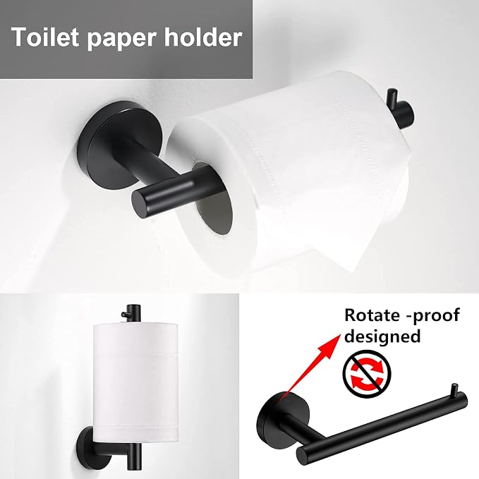 Matte Black Toilet Paper Holder and Hand Towel Holder, 2 Pieces Bathroom Hardware Accessories Set, SUS304 Stainless Steel Sturdy Wall Mount Toilet Paper Roll Holder and Towel Rack, Black