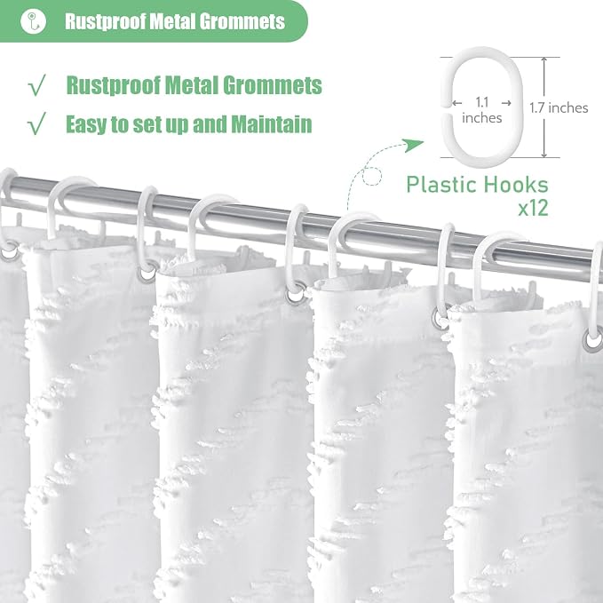 Extra Long Boho Shower Curtain Tufted Chevron 72"x90" White | 90 Inch Tall, Elegant Tassel, Lightweight Textured Fabric, Water Repellent, Washable, Hotel Spa, for Bathroom/Dorm 12 Hooks