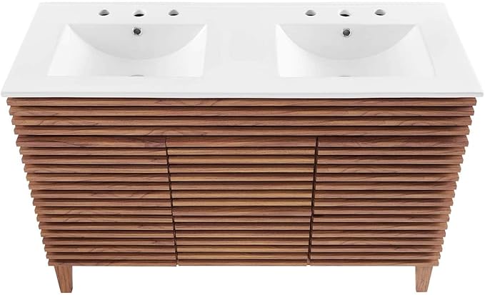 Pemberly Row 48" Modern Wood Double Sink Bathroom Vanity, Walnut/White Finish, MDF and Particleboard Construction, Ceramic Sink Basin, Mid-Century Style, Tapered Legs, Ample Storage for Bathroom Use