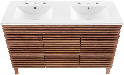 Pemberly Row 48" Modern Wood Double Sink Bathroom Vanity, Walnut/White Finish, MDF and Particleboard Construction, Ceramic Sink Basin, Mid-Century Style, Tapered Legs, Ample Storage for Bathroom Use