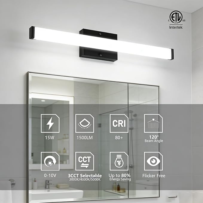 24in LED Bathroom Vanity Light(3000K/4000K/5000K, Brightness Dimmable), 15W Black Bathroom Light Fixtures Over Mirror, IP44 Modern Bath Vanity Lights Bar 120V, ETL Listed