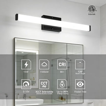 24in LED Bathroom Vanity Light(3000K/4000K/5000K, Brightness Dimmable), 15W Black Bathroom Light Fixtures Over Mirror, IP44 Modern Bath Vanity Lights Bar 120V, ETL Listed