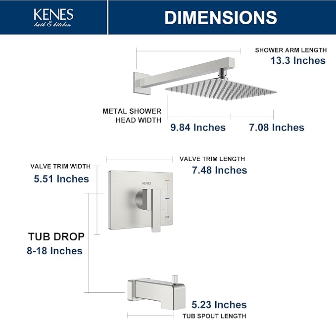 KENES Brushed Nickel Shower Set with Tub Faucet, Tub and Shower Trim Kit | Shower Faucet with 10-Inch Rain Shower Head, Square Shower System, Valve Included, Lead-Free cUPC & NSF Certified, Stainless
