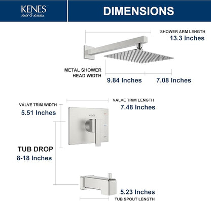 KENES Brushed Nickel Shower Set with Tub Faucet, Tub and Shower Trim Kit | Shower Faucet with 10-Inch Rain Shower Head, Square Shower System, Valve Included, Lead-Free cUPC & NSF Certified, Stainless