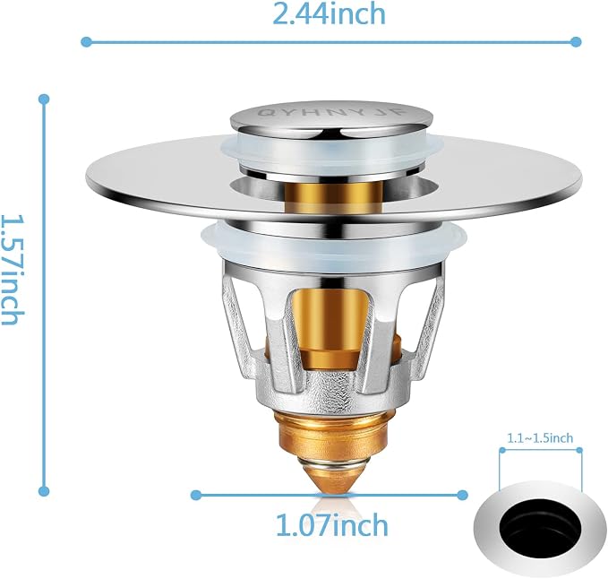 QYHNYJF Bathroom Sink Stopper with Hair Catcher – Universal Pop-Up Drain Strainer for 1.1–1.5 inch US Standard Sink Drain Holes, Includes 3 Sets of Silicone Gaskets