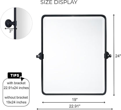Farmhouse Black Metal Framed Pivot Rectangle Bathroom Mirror Rounded Rectangluar Tilting Beveled Vanity Mirrors for Wall, Overall 22.91 x 24 inches (Mirrror 19 x 24 inches)