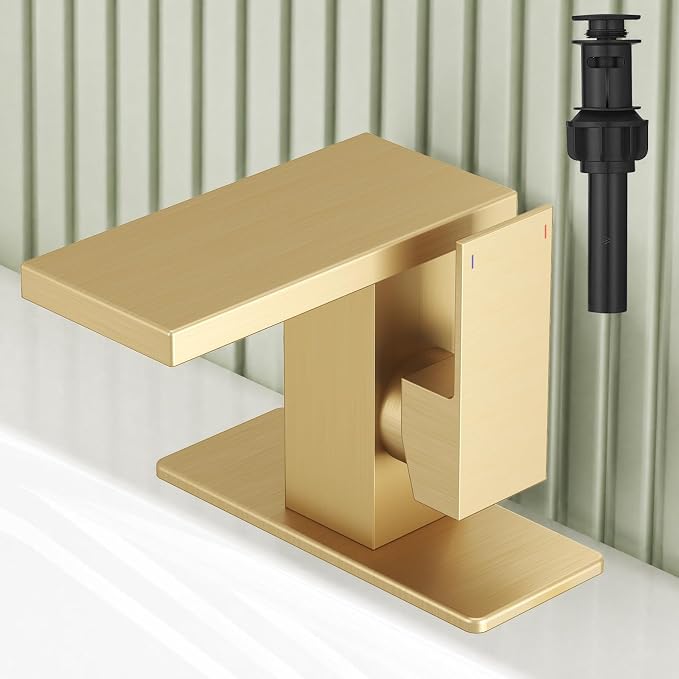 Hoimpro Bathroom Faucet 1 Hole, Single Handle Sink Faucets Brushed Gold | Widespread Vanity Faucet with 6 Inch Deck Plate Pop-up Drain & cUPC Supply Line Stainless Steel, for Vanity RV Restroom