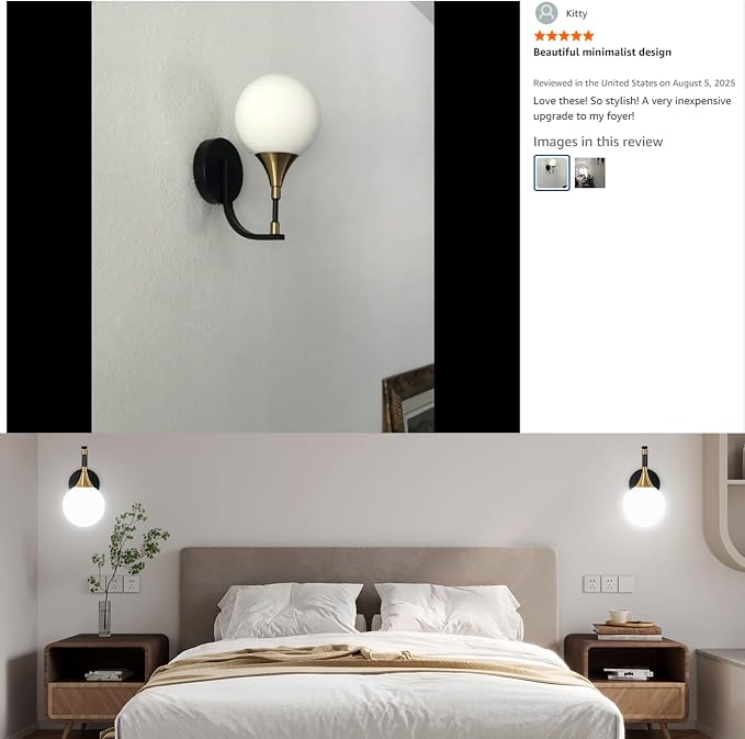 1-Light Bathroom Wall Sconce, Black and Gold Vanity Lighting | with White Milk Globe Glass Shade, Modern Wall Light Fixture for Bedroom Hallway Bathroom Kitchen