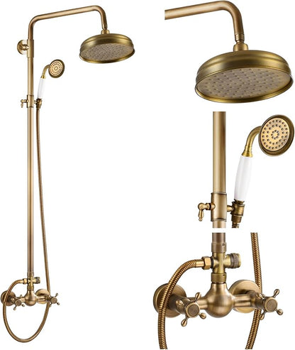 gotonovo Luxury Exposed Shower Faucet Set Bathroom Shower System 8 Inch Wall Mount Rainfall Shower Head with Handheld Spray Cross Double Handle Shower Fixture Adjustable Straight Rod Antique brass