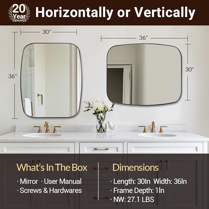 30x36” Black Bathroom Mirror, Oblong Vanity Mirror with Stainless Steel Metal Frame, Matte Black Oval Mirror for Over Sink, Modern Anti Rust Wall Mounted