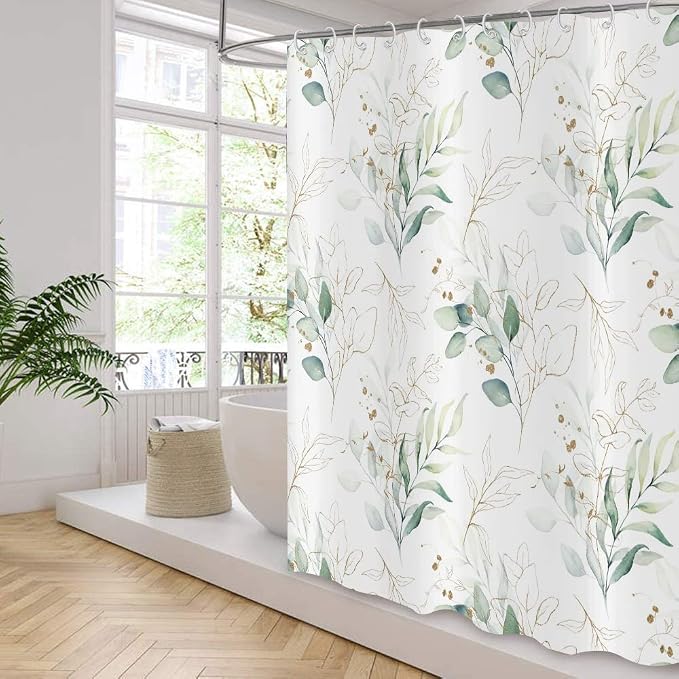 Eucalyptus Leaf Shower Curtains, Weighted Bottom Sage Green Watercolor Botanical Plants with Gold Branches Spring Fabric Bathroom Curtain Home Decor Waterproof Washable with 12 Hooks,65"x72"