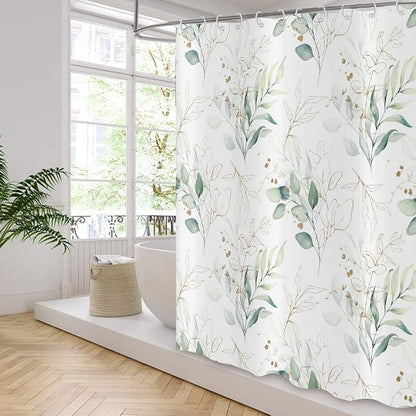 Eucalyptus Leaf Shower Curtains, Weighted Bottom Sage Green Watercolor Botanical Plants with Gold Branches Spring Fabric Bathroom Curtain Waterproof Washable 12 Hooks,72''x84'' (GCI-10193)