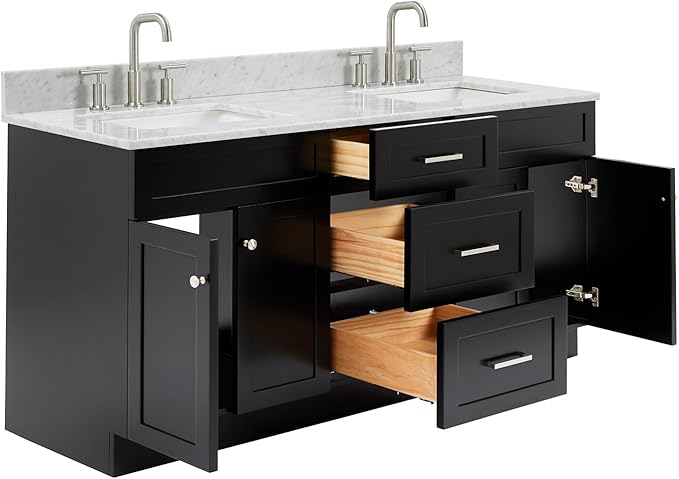ARIEL Hamlet 72-inch Bathroom Vanity with Sink,Solid Wood, 0.75-inch Italian Carrara Marble Countertop & Backsplash, Double Oval Sink, 4 Soft Closing Doors, 3 Dovetail Drawers, Black