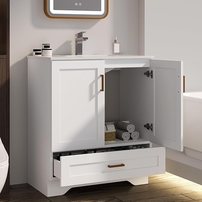 30 inch Bathroom Vanity with Sink, Modern White Vanity for Bathroom with Undermount Ceramic Sink, Freestanding 2-Door & 1-Drawer Storage Cabinet, for Small Bathroom Space, (White, 30")