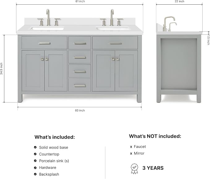 ARIEL Bristol 60-inch Bathroom Vanity with Sink,Solid Wood, 1.5-inch Pure White Quartz Countertop & Backsplash, Double Rectangular Porcelain Sink, 4 Soft Closing Doors, 3 Dovetail Drawers, Grey