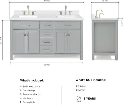 ARIEL Bristol 60-inch Bathroom Vanity with Sink,Solid Wood, 1.5-inch Pure White Quartz Countertop & Backsplash, Double Rectangular Porcelain Sink, 4 Soft Closing Doors, 3 Dovetail Drawers, Grey