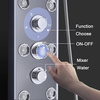 FUZ Contemporary Shower Panel Tower System Stainless Steel 6-Function Faucet LED Rainfall Waterfall Shower Head + Handheld Sprayer + Rain Massage Body Jets + Tub Spout, Black.