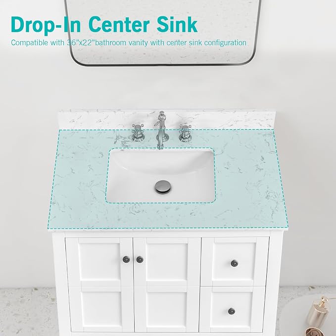 36"x22" Engineered Stone Bathroom Vanity Top with Rectangular Undermount Ceramic Middle Sink, 8 Inch Faucet Hole Spread with Backsplash Bathroom Vanity Sink Top (Cabinet Not Included)