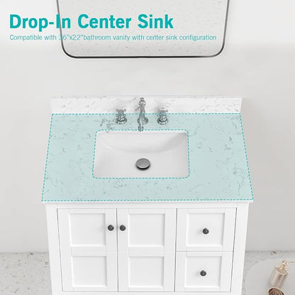 36"x22" Engineered Stone Bathroom Vanity Top with Rectangular Undermount Ceramic Middle Sink, 8 Inch Faucet Hole Spread with Backsplash Bathroom Vanity Sink Top (Cabinet Not Included)