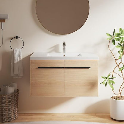 36" Floating Bathroom Vanity,36 Inch Bathroom Vanity with Sink,Single Sink Wall Mounted Vanity Combo,Brown Wall Mounted Cabinet Set
