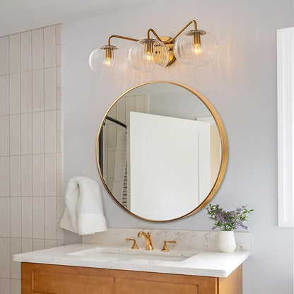 Lingkai Bathroom Light Fixtures,3 Lights Brushed Brass Vanity Light,Modern Wall Sconce with Clear Striped Glass Shade,Bathroom Vanity Lights Over Mirror for Hallway Picture Wall Lighting Living