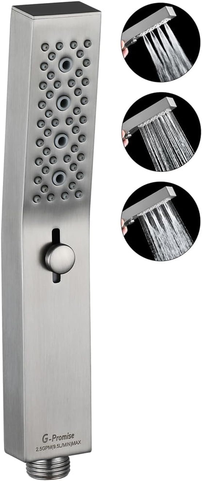 G-Promise All Metal Square 3 Function Handheld Shower Head(Brushed Nickel) | All Metal Construction, 3 Function Modes with Massage, Modern Look, Push Switch, Easy Installation