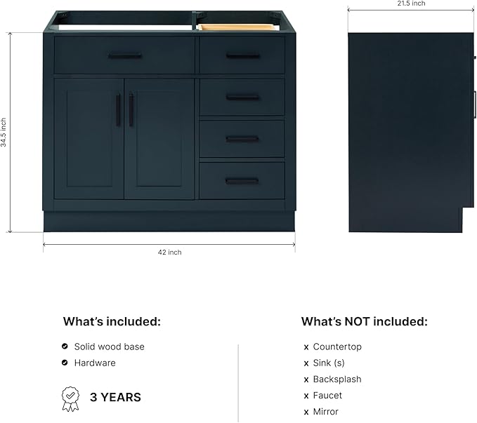 ARIEL Hepburn 42-inch Bathroom Vanity Base Cabinet,Solid Wood, 2 Soft Closing Doors, 5 Dovetail Drawers, Midnight Blue