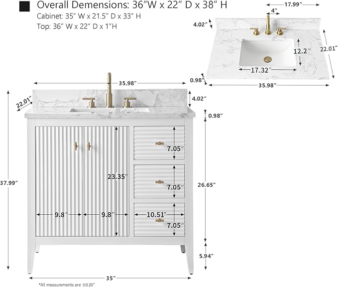 HOMEBEYOND 36" Bathroom Vanity with Sink, Solid Wood Bathroom Vanity Free-Standing Cabinet, Drawers, Ceramic Top & Soft Closing Door, Golden Brushed Handware, White