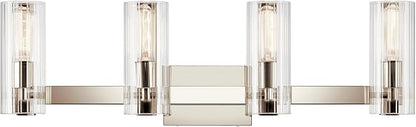 Kichler Jemsa 4 Light Vanity, Modern Light with Clear Fluted Glass in Polished Nickel for Bathroom or Powder Room (9.75" x 32"), 55169PN