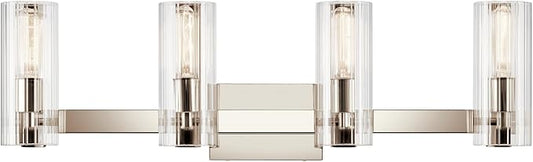 Kichler Jemsa 4 Light Vanity, Modern Light with Clear Fluted Glass in Polished Nickel for Bathroom or Powder Room (9.75" x 32"), 55169PN