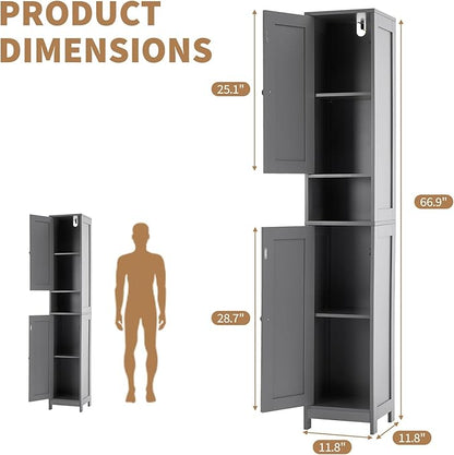 GarveeHome Tall Narrow Bathroom Cabinet, 66.9" Small Skinny Bathroom Storage Cabinet for Small Spaces | Freestanding Water Resistant Organizer for Bathroom, Kitchen, Hallway (2 Doors, Grey)