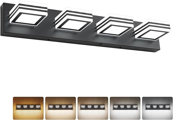 SOLFART Bathroom Vanity Light Over Mirror - 4 Light Led Vanity Light Fixture 26inch Matt Black Lights for Bath 5CCT