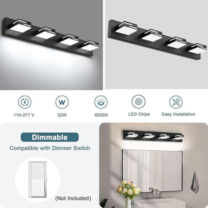 LED Modern Bathroom Vanity Light Fixtures,4-Light 28-inch Dimmable Matte Black Vanity Lights for Bathroom Lighting Fixtures Over Mirror, with 350° Rotatable Acrylic Heads (Cool White 6000K)