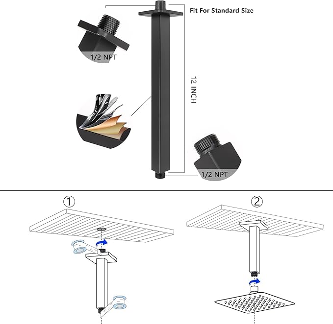 NearMoon Rain Shower Head With Shower Arm, Ceiling Mount Square Shower, Stainless Steel Ceiling Rainfall Showerhead- Waterfall Full Body Coverage (8 Inch, Matte Black)