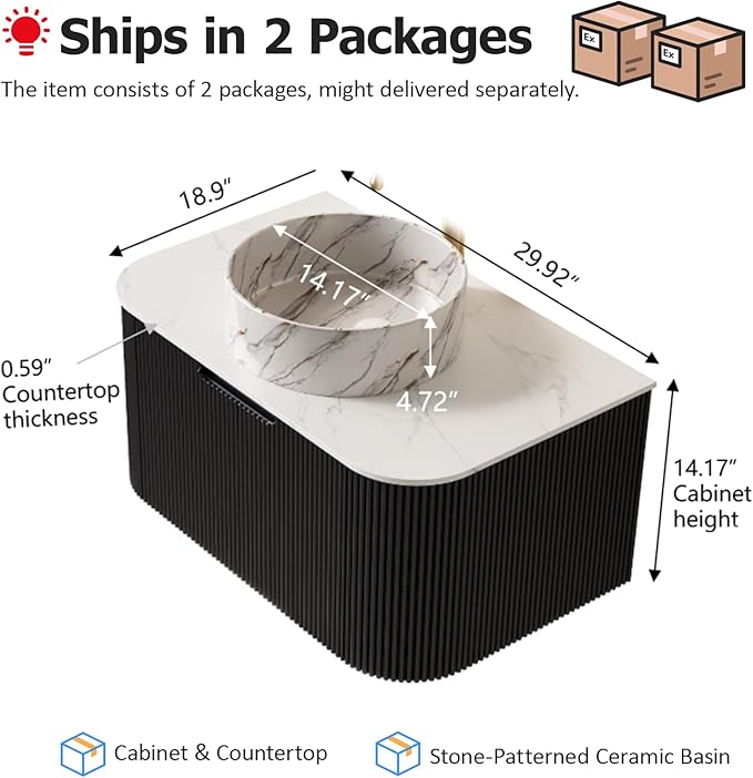 30 Inch Floating Bathroom Vanity with Sink, Natural Solid Wood Modern Bathroom Vanities with Ultra-Thin Marble Sink and Countertop, Soft-Close Design, Pre-Assembled, Black