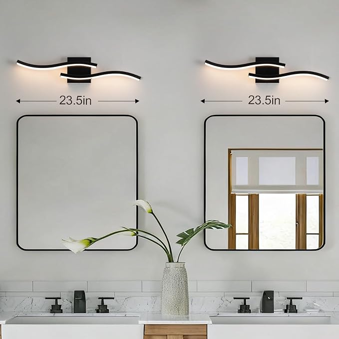 Black Curved Bathroom Vanity Light Fixture Over Mirror, 23.62 inch Modern LED Wall Lamp 5CCT Dimmable Bathroom Light Fixture Modern Vanity Lighting Wall Sconces
