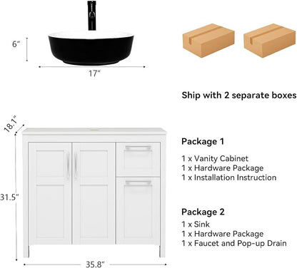 YOURLITE 36" White Bathroom Vanity, 36" White Bathroom Vanity Sink Combo with Black White Ceramic Basin Faucet & Pop Up Drain Set
