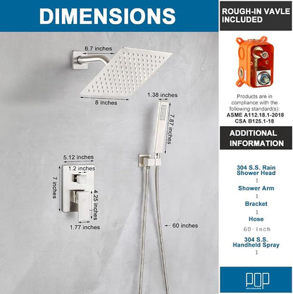 Shower System Brushed Nickel Bathroom Rainfall Shower Faucet Set Complete Wall Mounted 8 Inch Shower Head and Handle Set with Rough-in Valve Body and Trim Kit