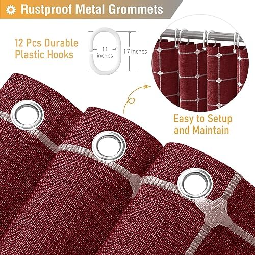 BTTN Burgundy Boho Farmhouse Linen Heavy Duty Shower Curtain Set, 72x72