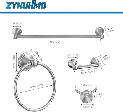 4-Piece Bathroom Hardware Accessories Kit, Zynuhmo Brushed Nickel Towel Bar Set Wall Mounted with 20'' Towel Bar, Towel Ring & Toilet Paper Holder, Robe Hook Set Fixtures for Modern Farmhouse Bathroom