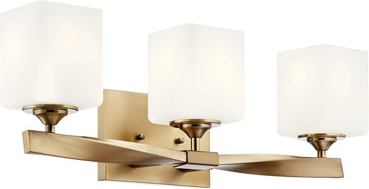 Kichler Marette 23 inch 3 Light Vanity Light with Satin Etched Cased Opal Glass in Champagne Bronze for Bathroom and Powder Room, (23" W x 8.25" H x 6" Ext), 55002CPZ