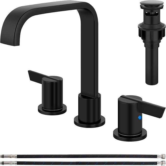 Matte Black Bathroom Faucet 3 Hole 8 Inch Widespread Waterfall | 2-Handle Vanity Faucet, Pop-Up Drain, Supply Lines, Adjustable 4- to 16-Inch Widespread Fit, 360° Swivel Spout