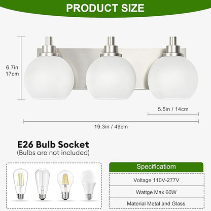 IZORRO Bathroom Light Fixtures, 3-Light Brushed Nickel Vanity Light, Modern Wall Sconces with Globe Milk White Glass Shade, Vanity Lighting Fixtures Over Mirror,E26 Bulb Socket