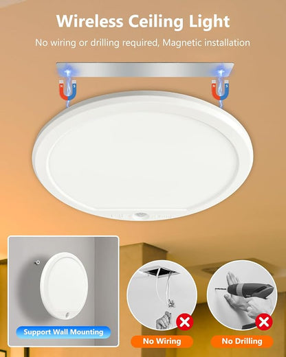 Rechargeable Motion Sensor Ceiling Lights for Hallway, Bathroom (Round) | Magnetic Mount Dimmable Closet Light with Remote, 7000mAh Battery Operated, 3 Color Modes, Wireless Installation