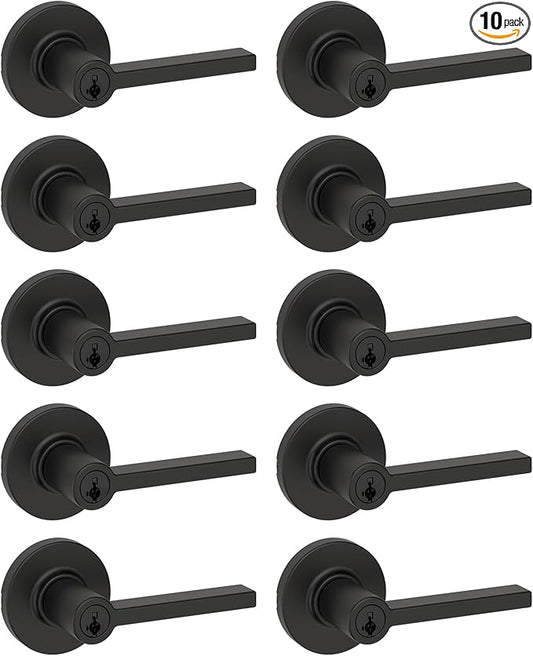 Kwikset Casey Entry Door Handle with Lock and Key, Secure Keyed Reversible Lever Exterior, for Front Entrance and Bedrooms, Matte Black, 10 Pack, Pick Resistant SmartKey Rekey Security and Microban