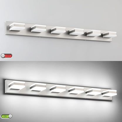 SOLFART LED Modern Bathroom Vanity Lights Over Mirror, Brushed Nickel Vanity Light Fixture 6 Light, LED Nickel Bathroom Lights Cool Light 6000K