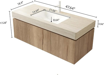 48" Bathroom Vanity with Sink, Wall-Mounted Plywood Bathroom Storage Cabinet with Ceramic Basin & Sintered Stone Countertop, Modern Pre-Assembled Floating Vanity with Drawer & Door, Oak