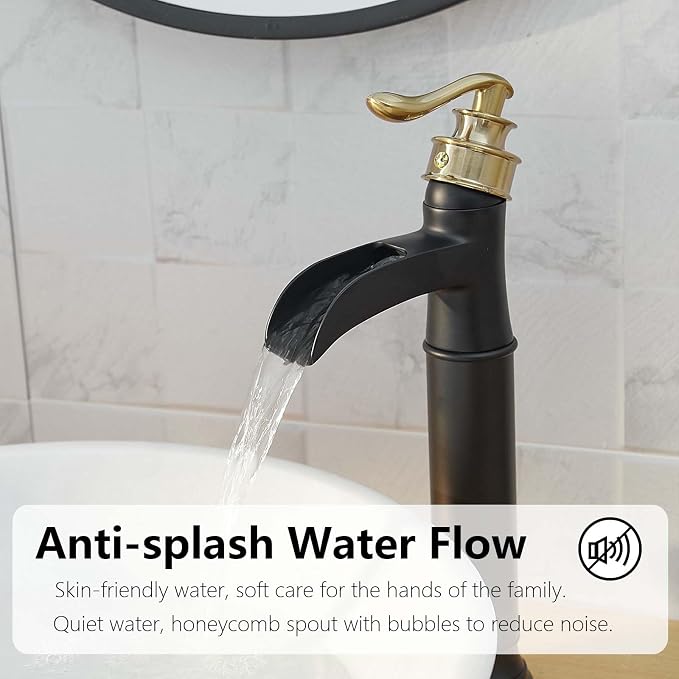 Bathroom Vessel Sink Faucet Waterfall Single Handle Single Hole | Black and Gold,Brass,Pop Up Drain without Overflow,Supply Line,Easy to Clean,Easy Installation,Rust Resistant,Minimalist