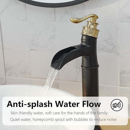 Bathroom Vessel Sink Faucet Waterfall Single Handle Single Hole | Black and Gold,Brass,Pop Up Drain without Overflow,Supply Line,Easy to Clean,Easy Installation,Rust Resistant,Minimalist