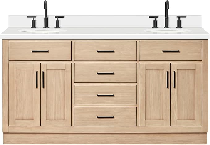ARIEL Hepburn 66-inch Bathroom Vanity with Sink,Solid Wood, 1.5-inch Pure White Quartz Countertop & Backsplash, Double Oval Porcelain Sink, 4 Soft Closing Doors, 6 Dovetail Drawers, White Oak